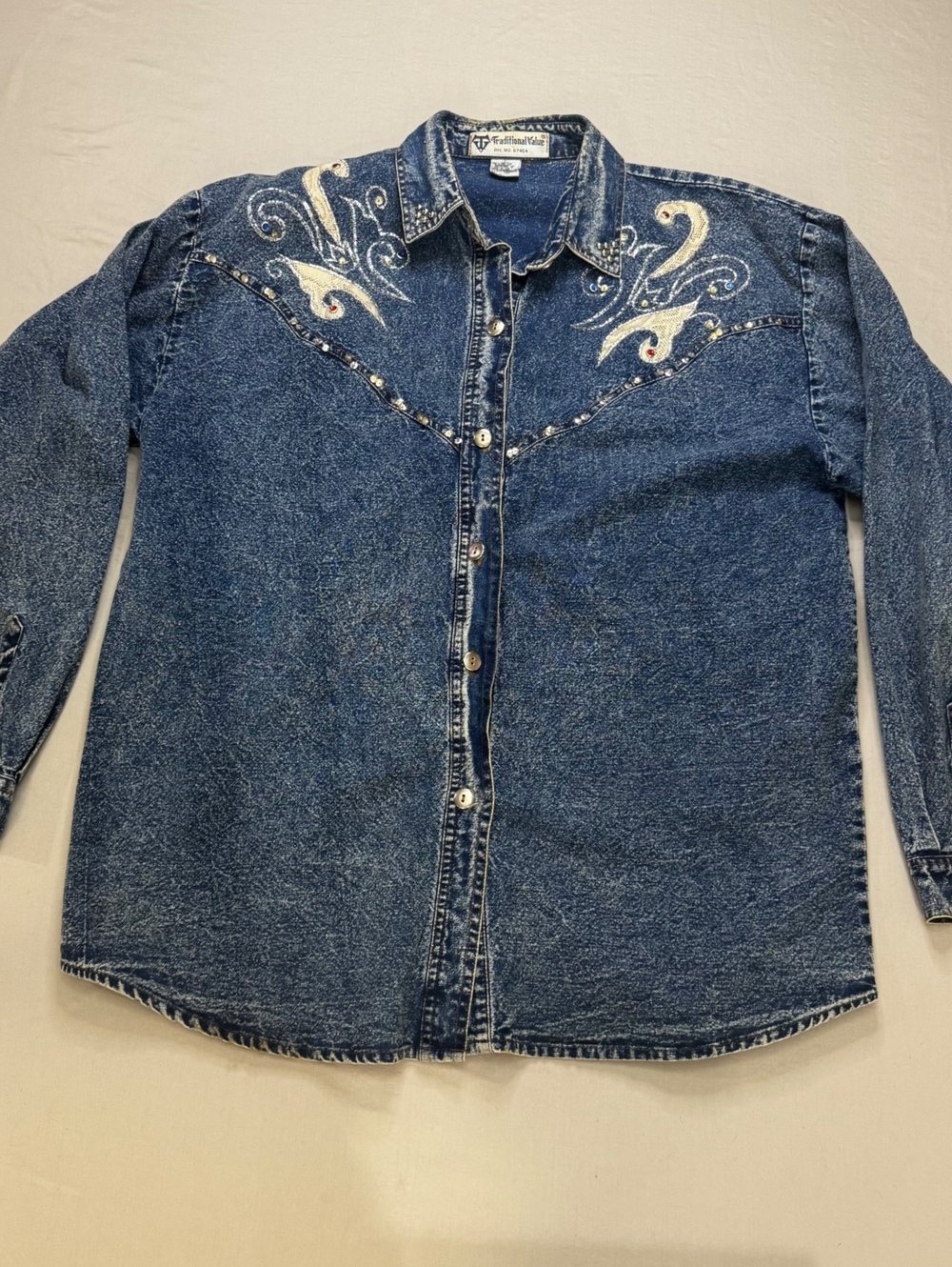 Traditional Value Vintage 90s Y2K Western Embellished Denim Shirt XL XXL